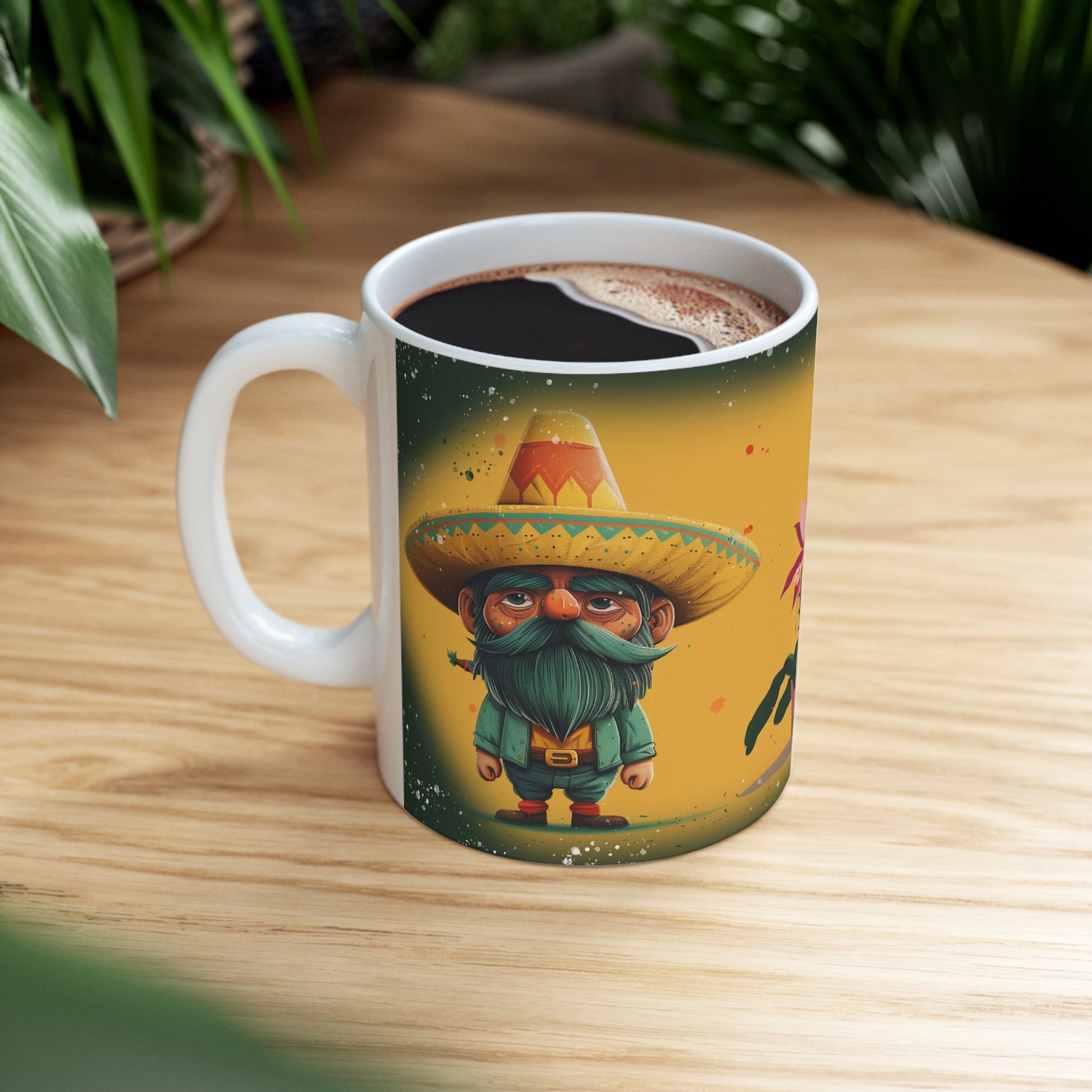 Whimsical coffee mug featuring a gnome wearing a sombrero