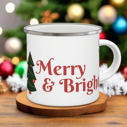 Merry & Bright Enamel Camping Mug - Festive Holiday Drinkware