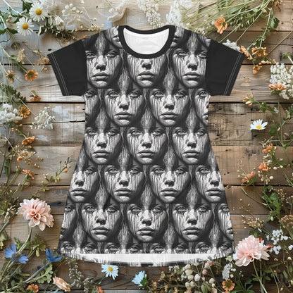 Edgy Art-Inspired T-Shirt Dress for Women - Black & White Emotional Portrait Design, Unique Artistic Fashion Apparel