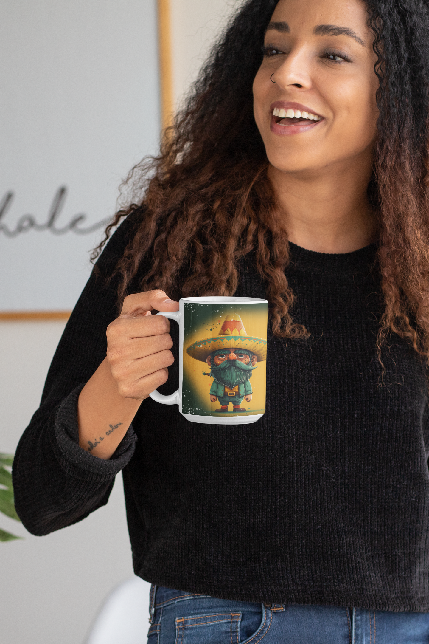 Whimsical coffee mug featuring a gnome wearing a sombrero