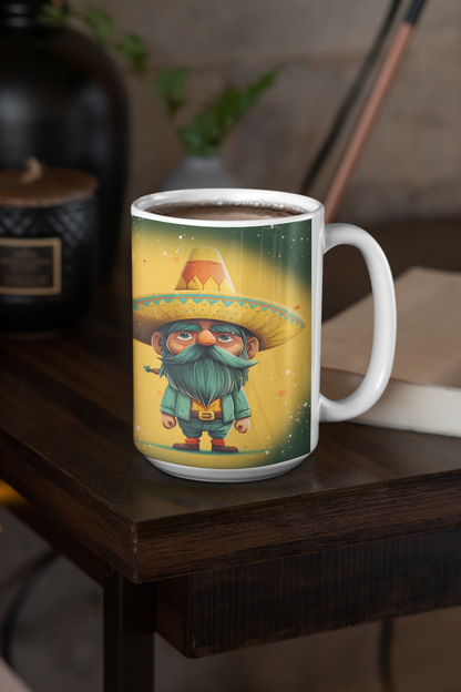 Whimsical coffee mug featuring a gnome wearing a sombrero