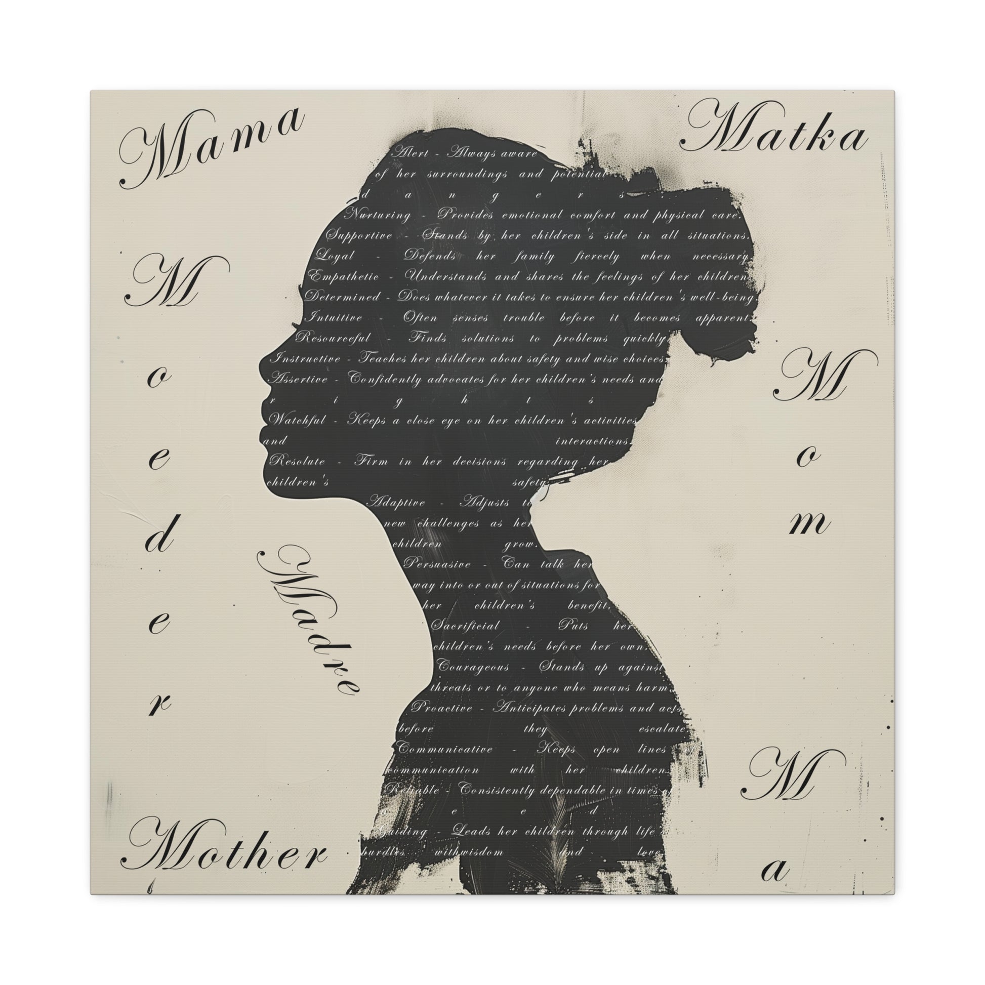 Silhouette of a person overlaid with text variations of &#39;Mother&#39; in different scripts against a cream background.