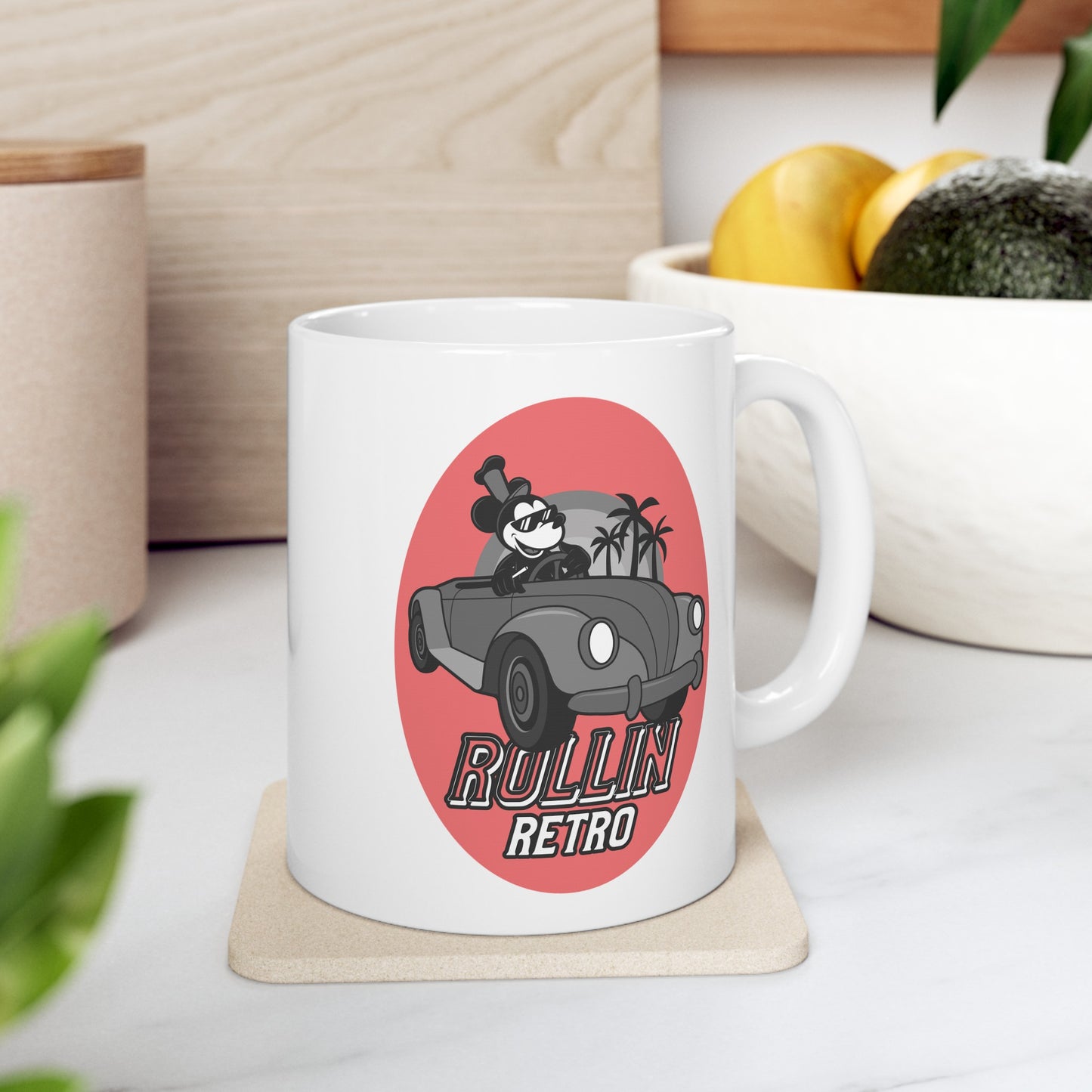 coffee mug with retro car and palm trees and text rolling retro