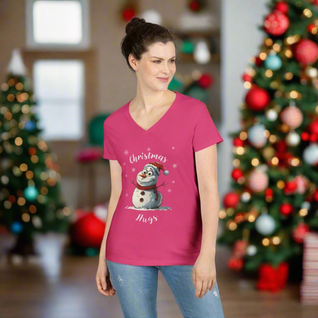 Festive Christmas V-Neck T-Shirt, Holiday Apparel, Winter Gift, Snowman Shirt, Cozy Christmas Outfit