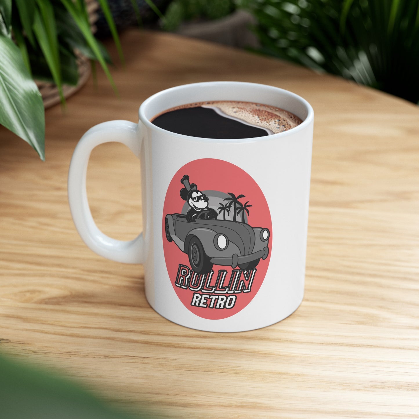 coffee mug with retro car and palm trees and text rolling retro