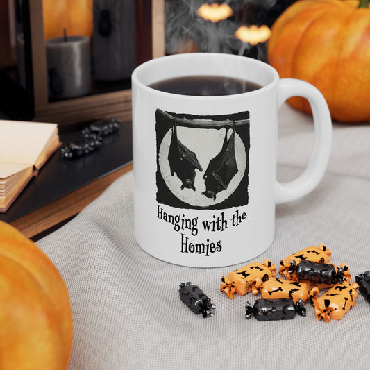 Halloween Bat Mug - "Hanging with the Homies" Coffee Mug - Funny Halloween Gift - Gothic Decor Mug - Unique Bat Lover Gift - Spooky Mug