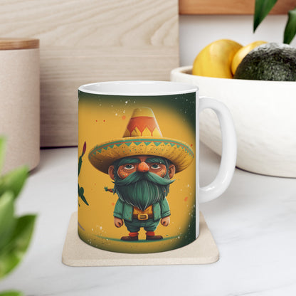 Whimsical coffee mug featuring a gnome wearing a sombrero