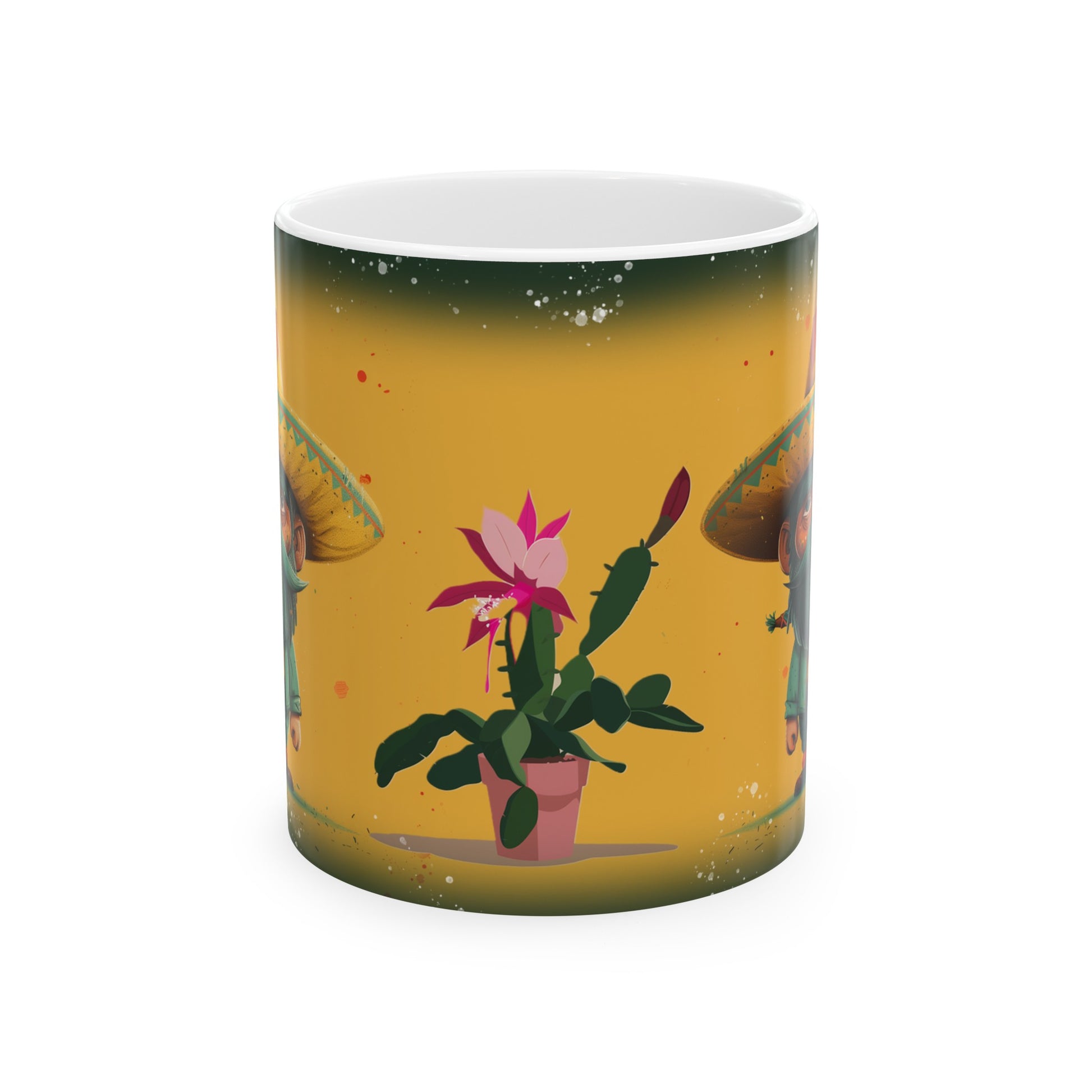 Whimsical coffee mug featuring a gnome wearing a sombrero