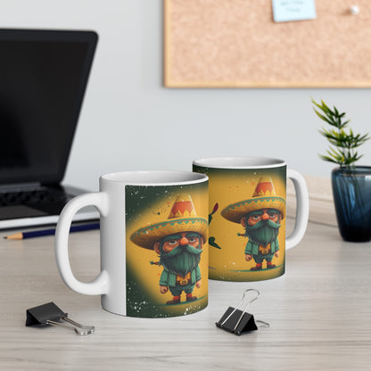 Whimsical coffee mug featuring a gnome wearing a sombrero