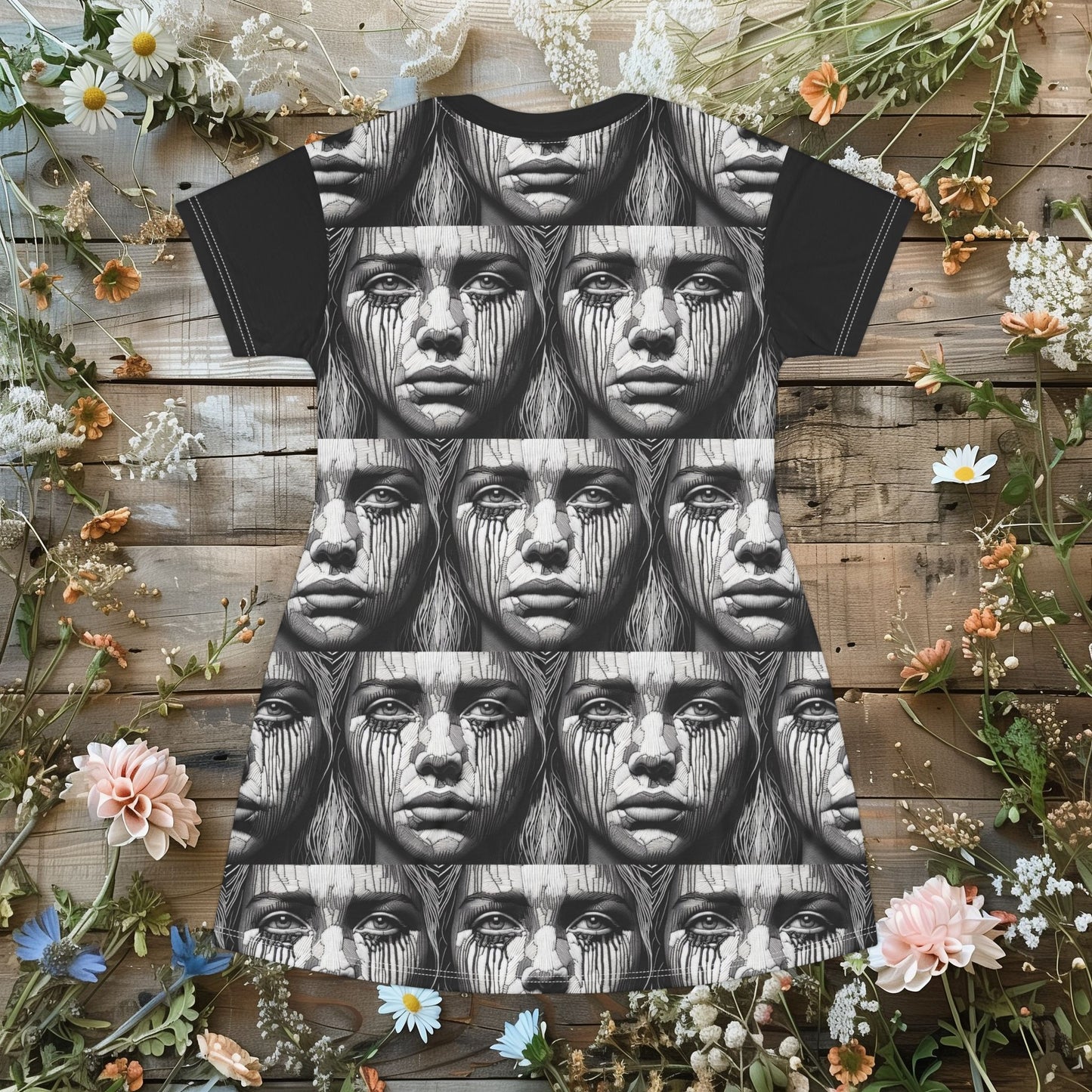 Edgy Art-Inspired T-Shirt Dress for Women - Black & White Emotional Portrait Design, Unique Artistic Fashion Apparel