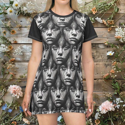 Edgy Art-Inspired T-Shirt Dress for Women - Black & White Emotional Portrait Design, Unique Artistic Fashion Apparel