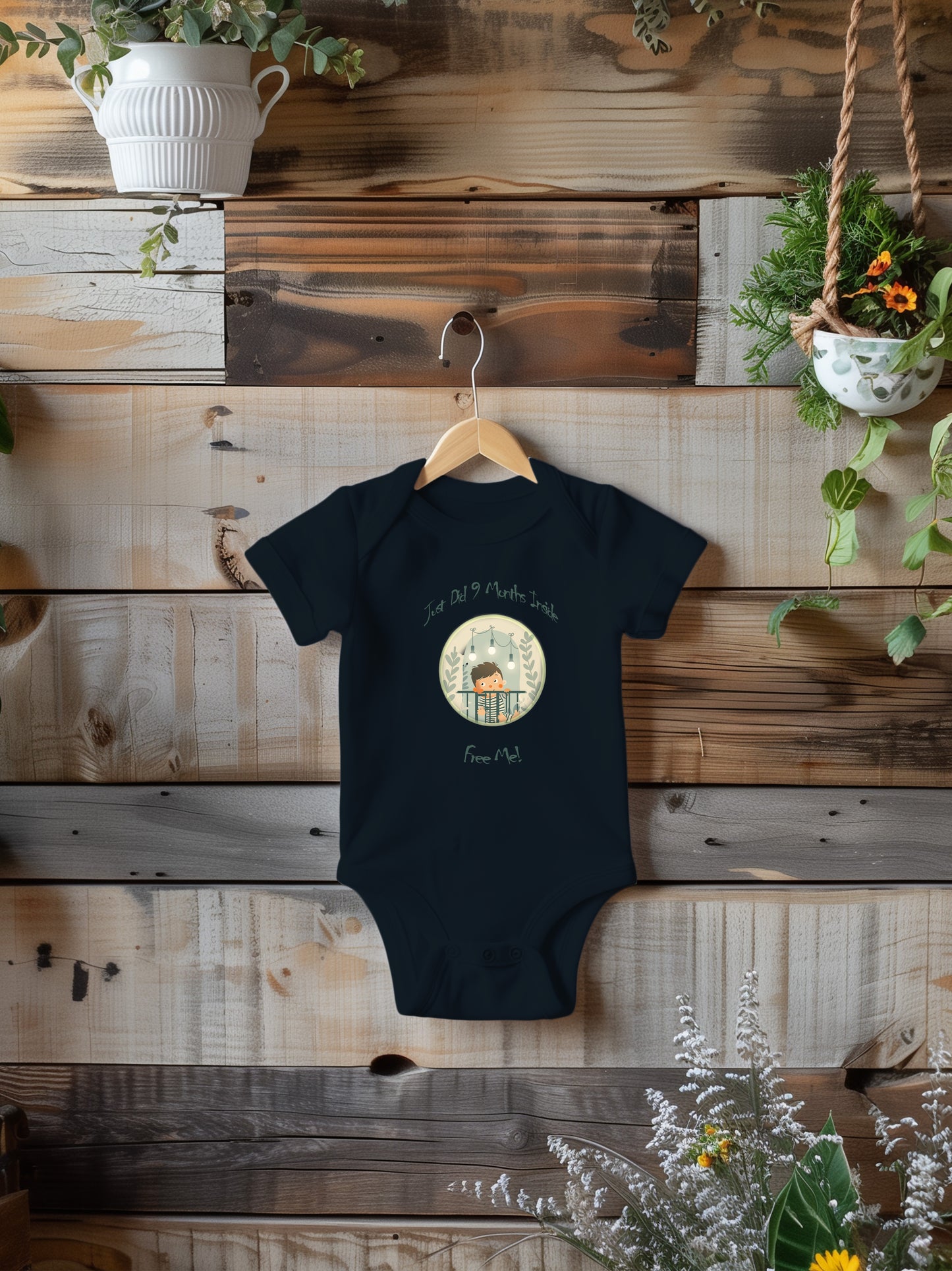 a baby bodysuit hanging on a wooden wall