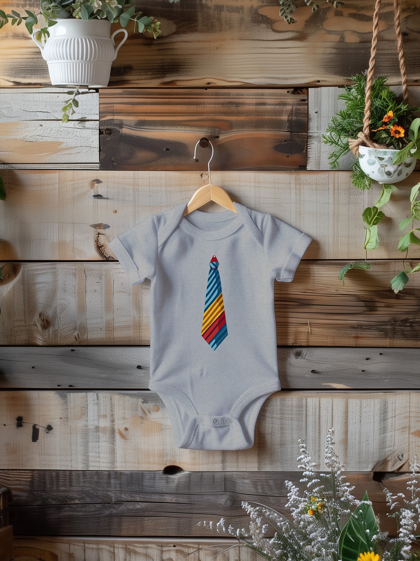 a baby bodysuit with a colorful tie on it