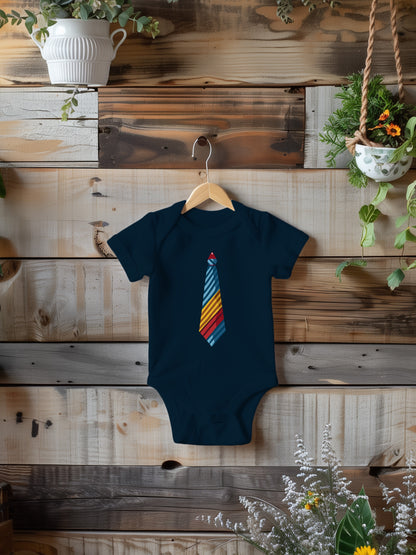 a baby bodysuit with a colorful tie on it