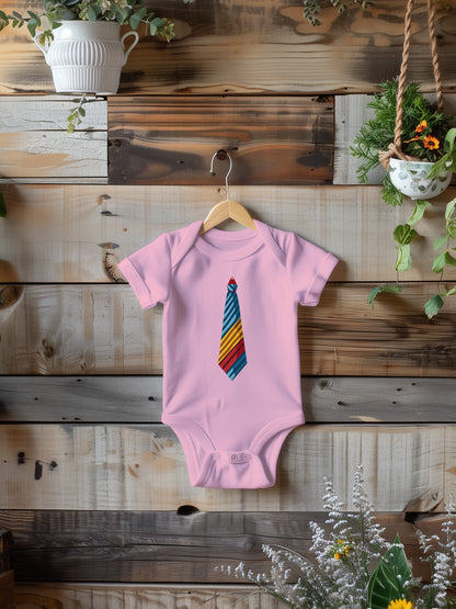 a baby bodysuit with a colorful tie on it