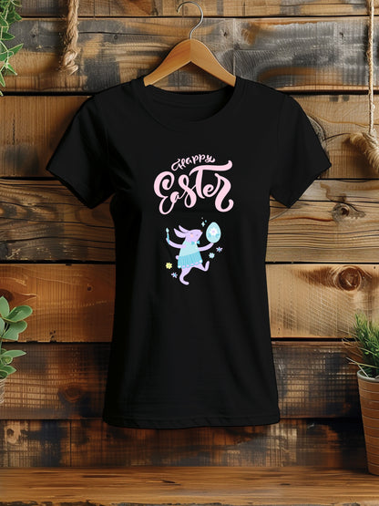 Women's Happy Easter T-Shirt with Cute Bunny - Spring Festival Tee, Fun Easter Egg Hunt Shirt, Whimsical Rabbit Top, Family Holiday Apparel