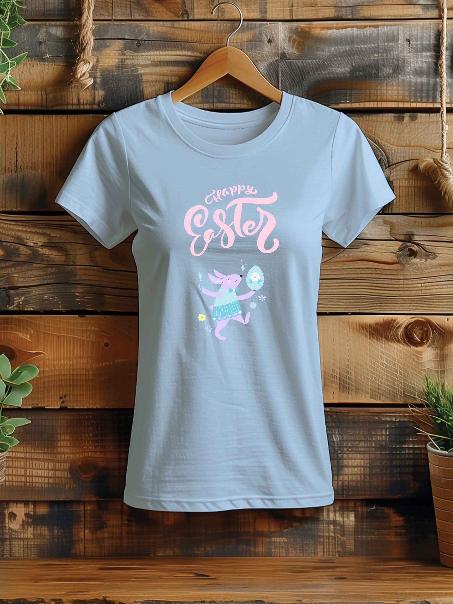 Women's Happy Easter T-Shirt with Cute Bunny - Spring Festival Tee, Fun Easter Egg Hunt Shirt, Whimsical Rabbit Top, Family Holiday Apparel