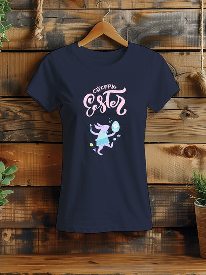 Women's Happy Easter T-Shirt with Cute Bunny - Spring Festival Tee, Fun Easter Egg Hunt Shirt, Whimsical Rabbit Top, Family Holiday Apparel