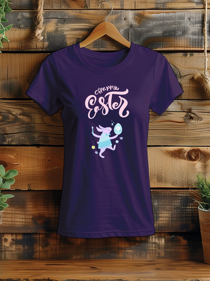 Women's Happy Easter T-Shirt with Cute Bunny - Spring Festival Tee, Fun Easter Egg Hunt Shirt, Whimsical Rabbit Top, Family Holiday Apparel