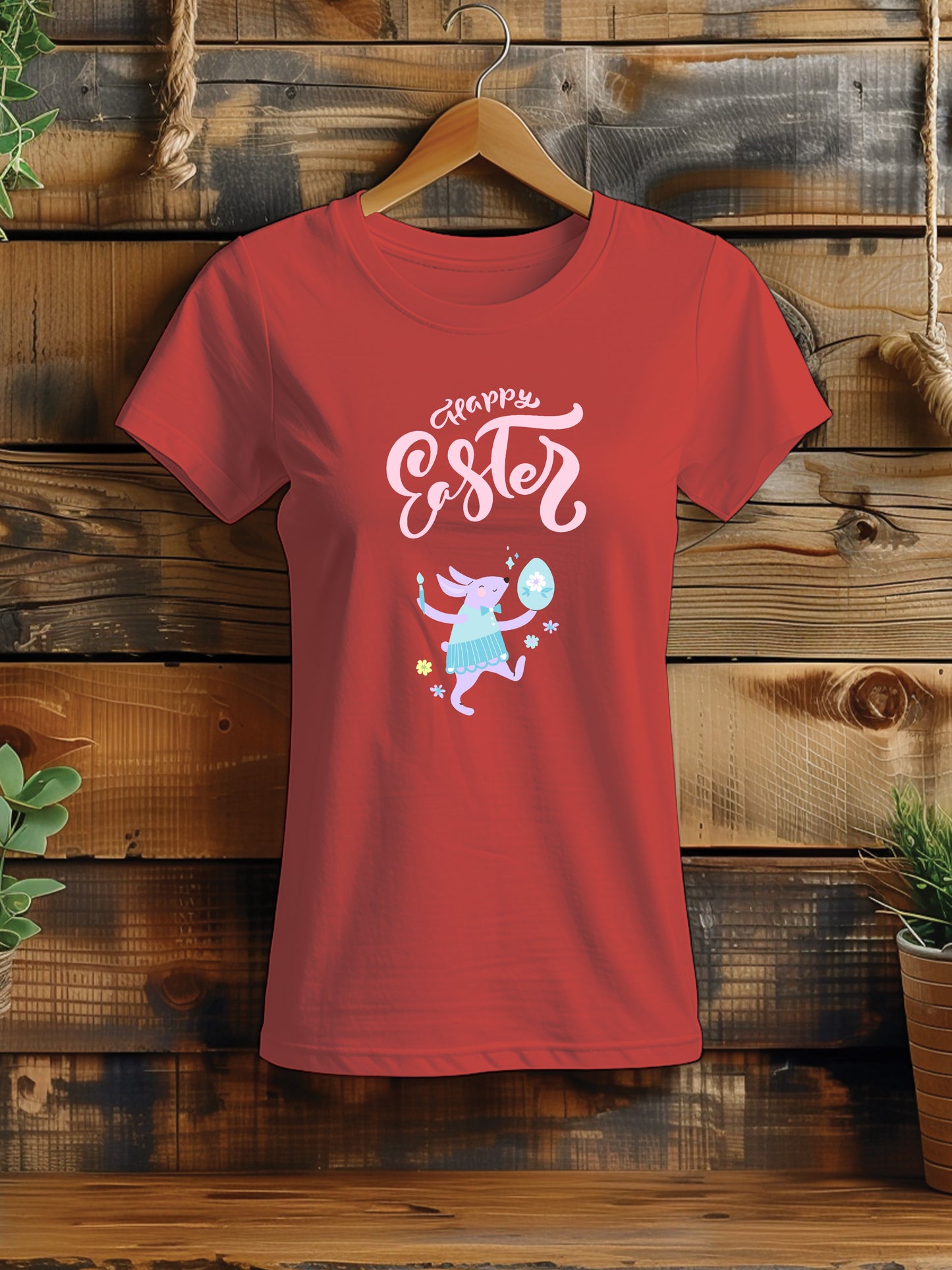 Women's Happy Easter T-Shirt with Cute Bunny - Spring Festival Tee, Fun Easter Egg Hunt Shirt, Whimsical Rabbit Top, Family Holiday Apparel