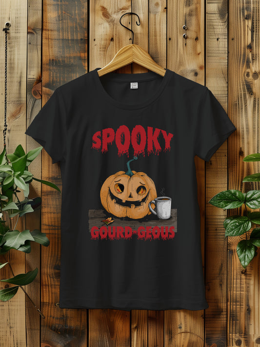 Spooky Gourdeous Halloween T-Shirt - Funny Pumpkin Graphic Tee | Halloween Coffee | Vintage Jack-o'-Lantern Shirt for Fall | Halloween Shirt