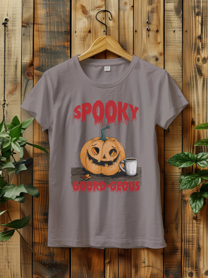 Spooky Gourdeous Halloween T-Shirt - Funny Pumpkin Graphic Tee | Halloween Coffee | Vintage Jack-o'-Lantern Shirt for Fall | Halloween Shirt