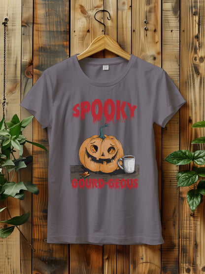 Spooky Gourdeous Halloween T-Shirt - Funny Pumpkin Graphic Tee | Halloween Coffee | Vintage Jack-o'-Lantern Shirt for Fall | Halloween Shirt