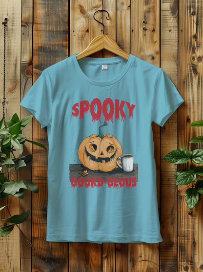 Spooky Gourdeous Halloween T-Shirt - Funny Pumpkin Graphic Tee | Halloween Coffee | Vintage Jack-o'-Lantern Shirt for Fall | Halloween Shirt