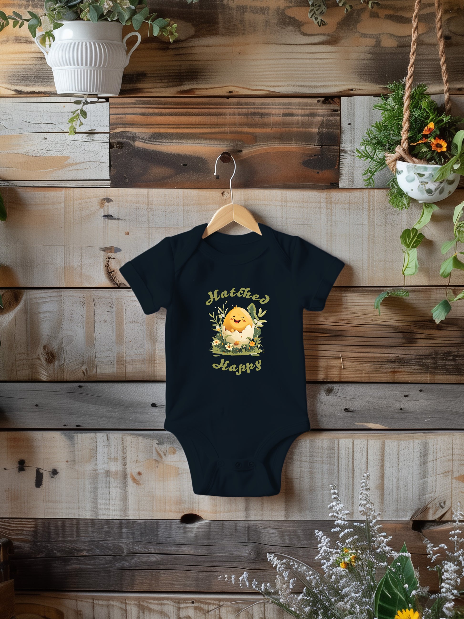 Baby Onesie with a smiling chick in an egg shell with text hatched happy.