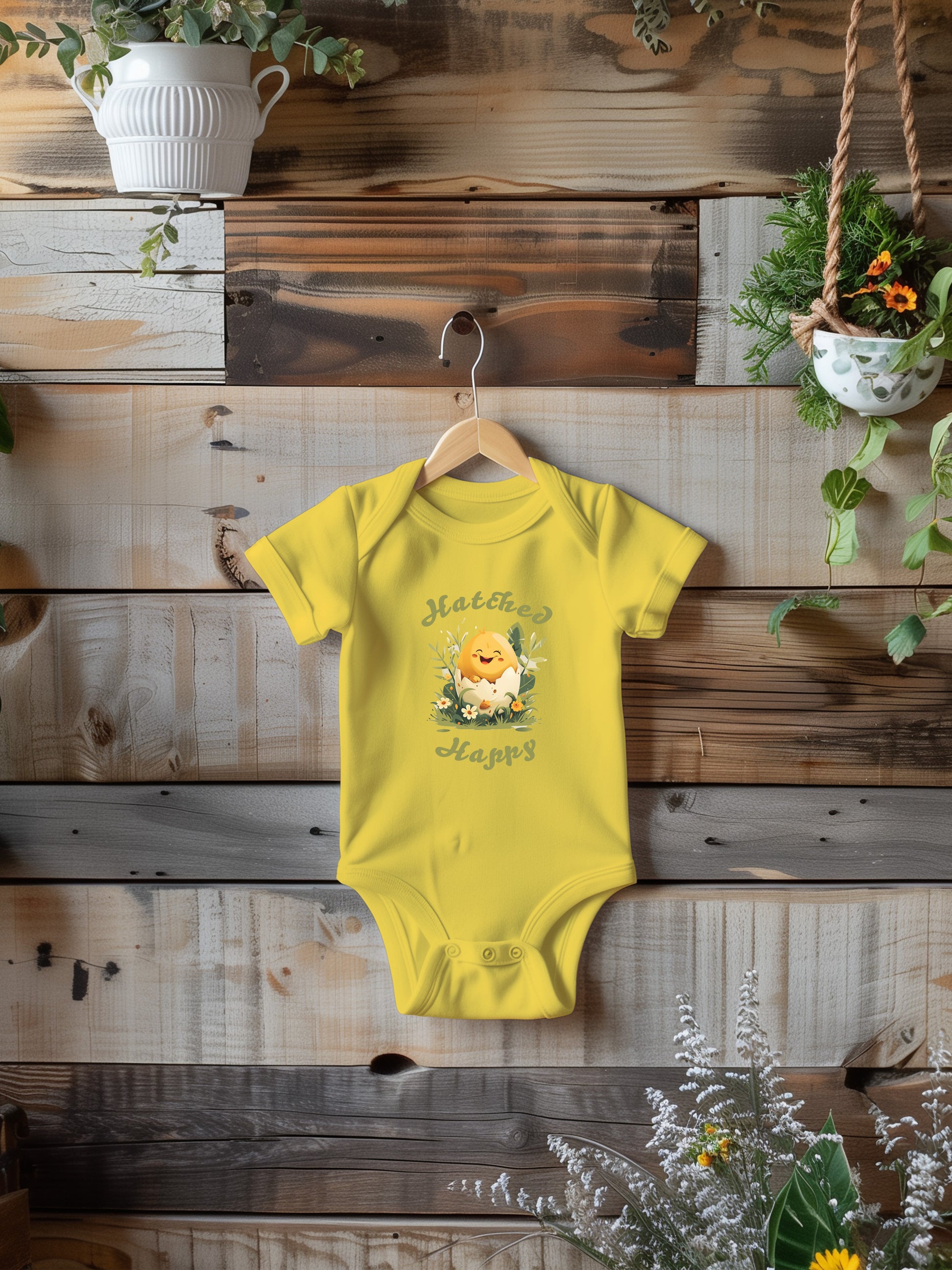 Baby Onesie with a smiling chick in an egg shell with text hatched happy.