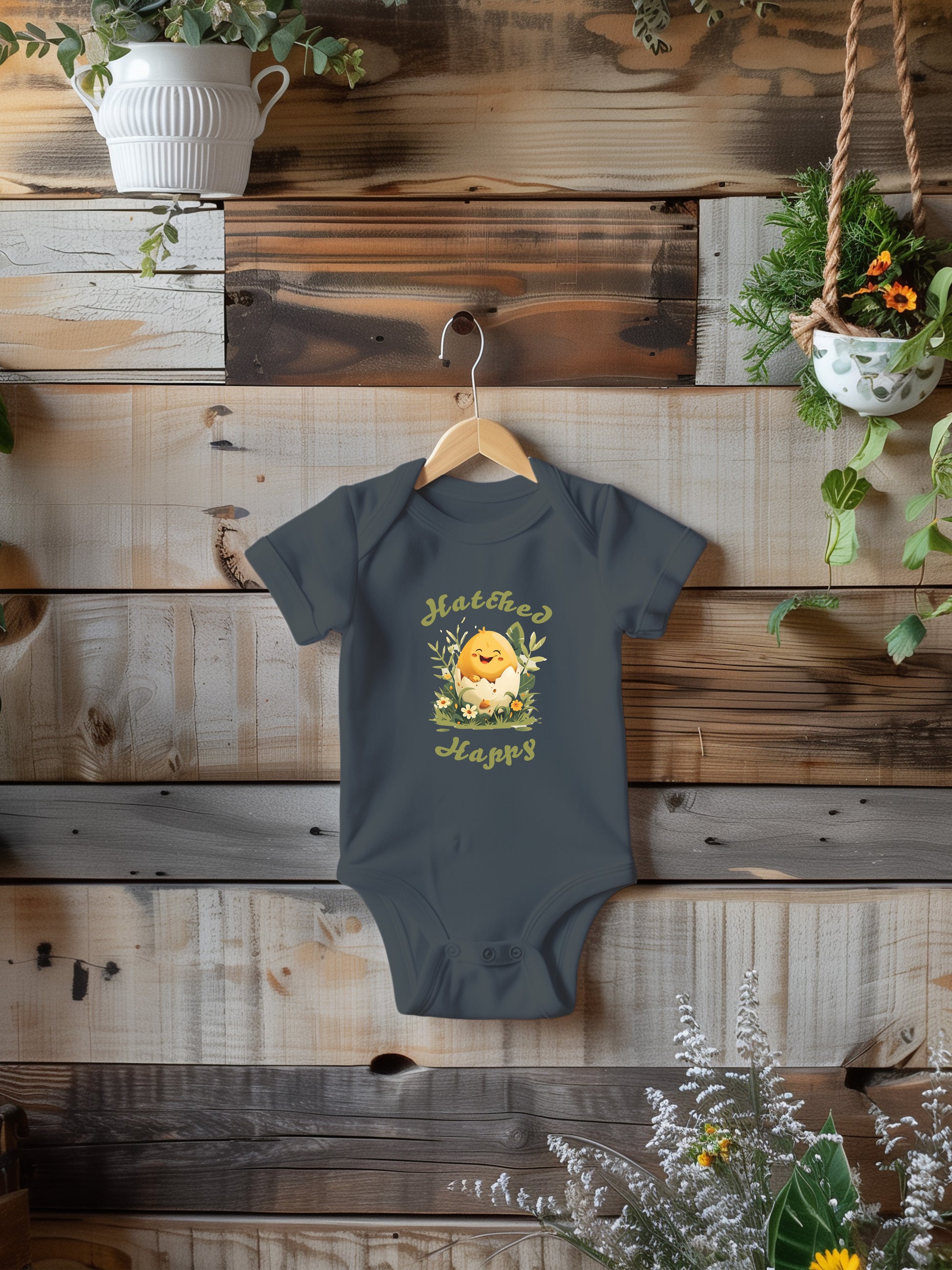 Baby Onesie with a smiling chick in an egg shell with text hatched happy.