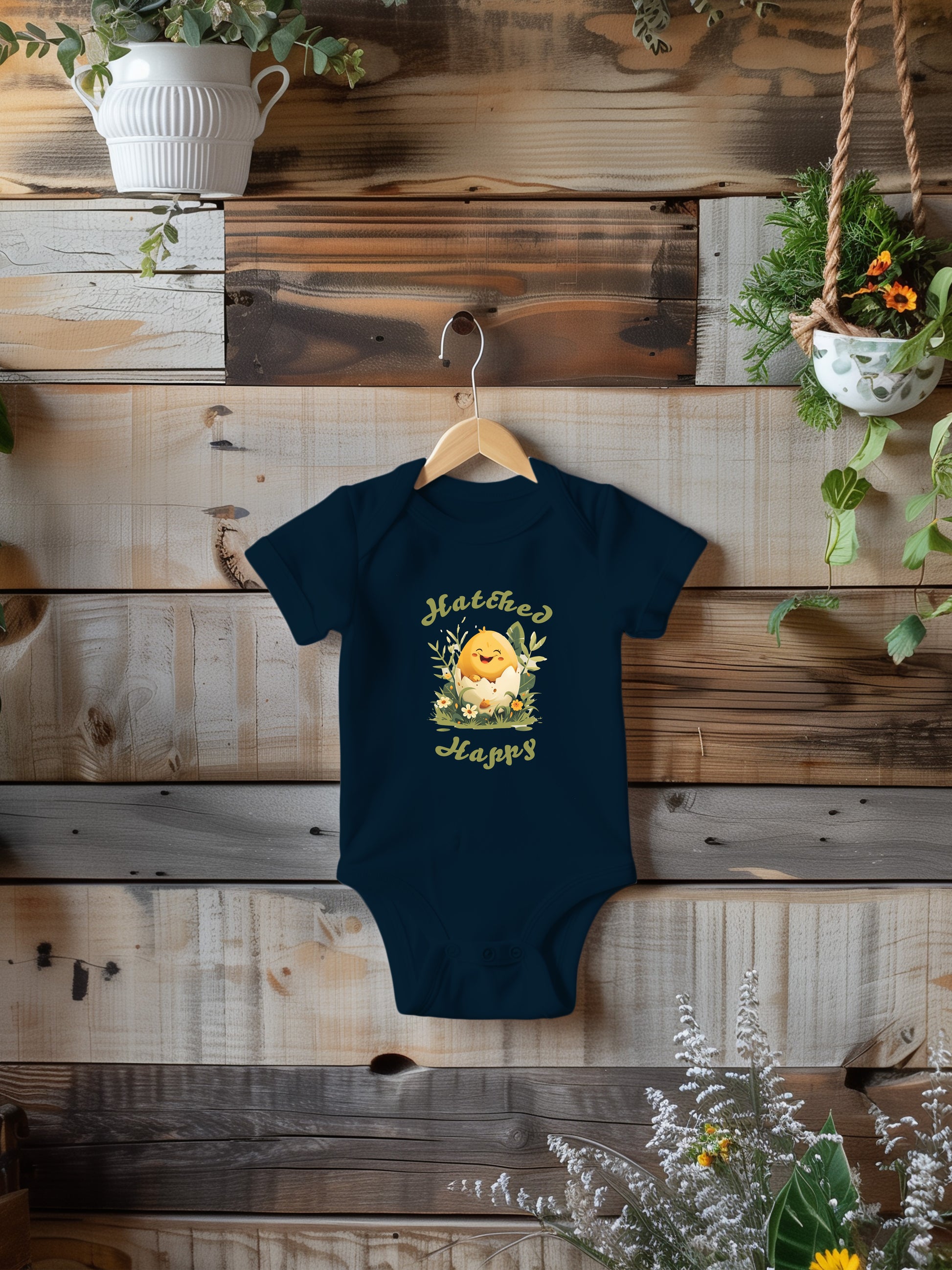 Baby Onesie with a smiling chick in an egg shell with text hatched happy.