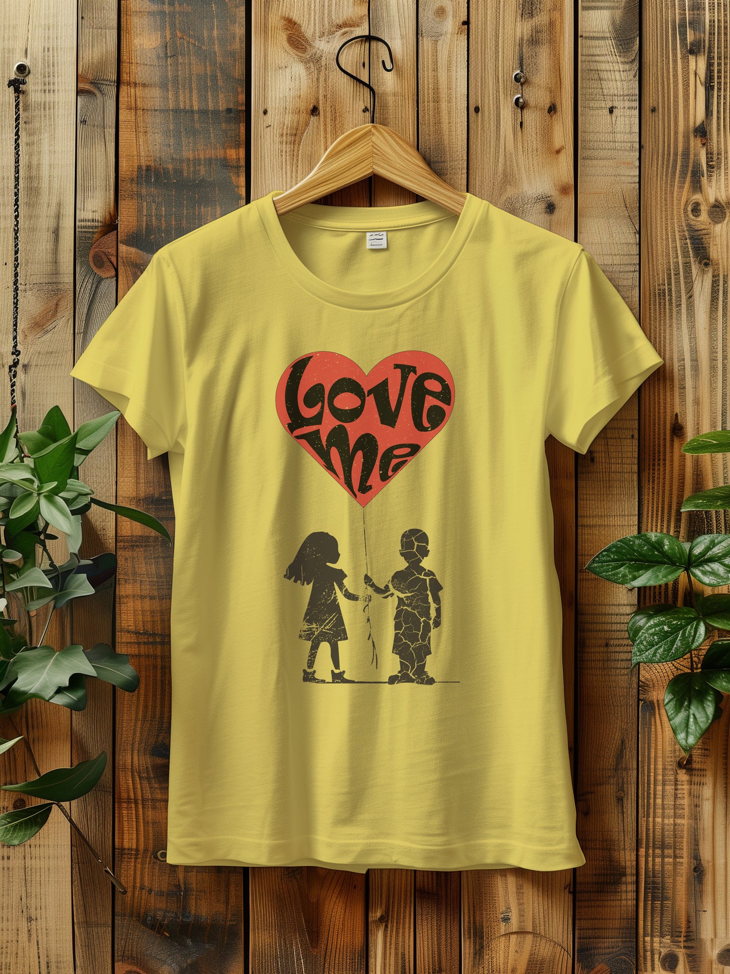 t-shirt hanging on a wooden hanger features a large red heart balloon with love me text, being held by both a a girl and boy