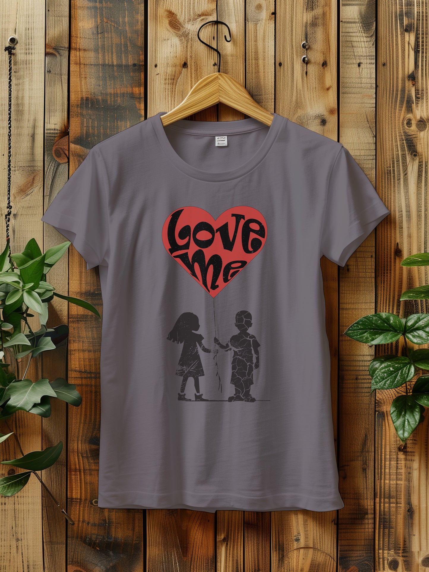 t-shirt hanging on a wooden hanger features a large red heart balloon with love me text, being held by both a a girl and boy