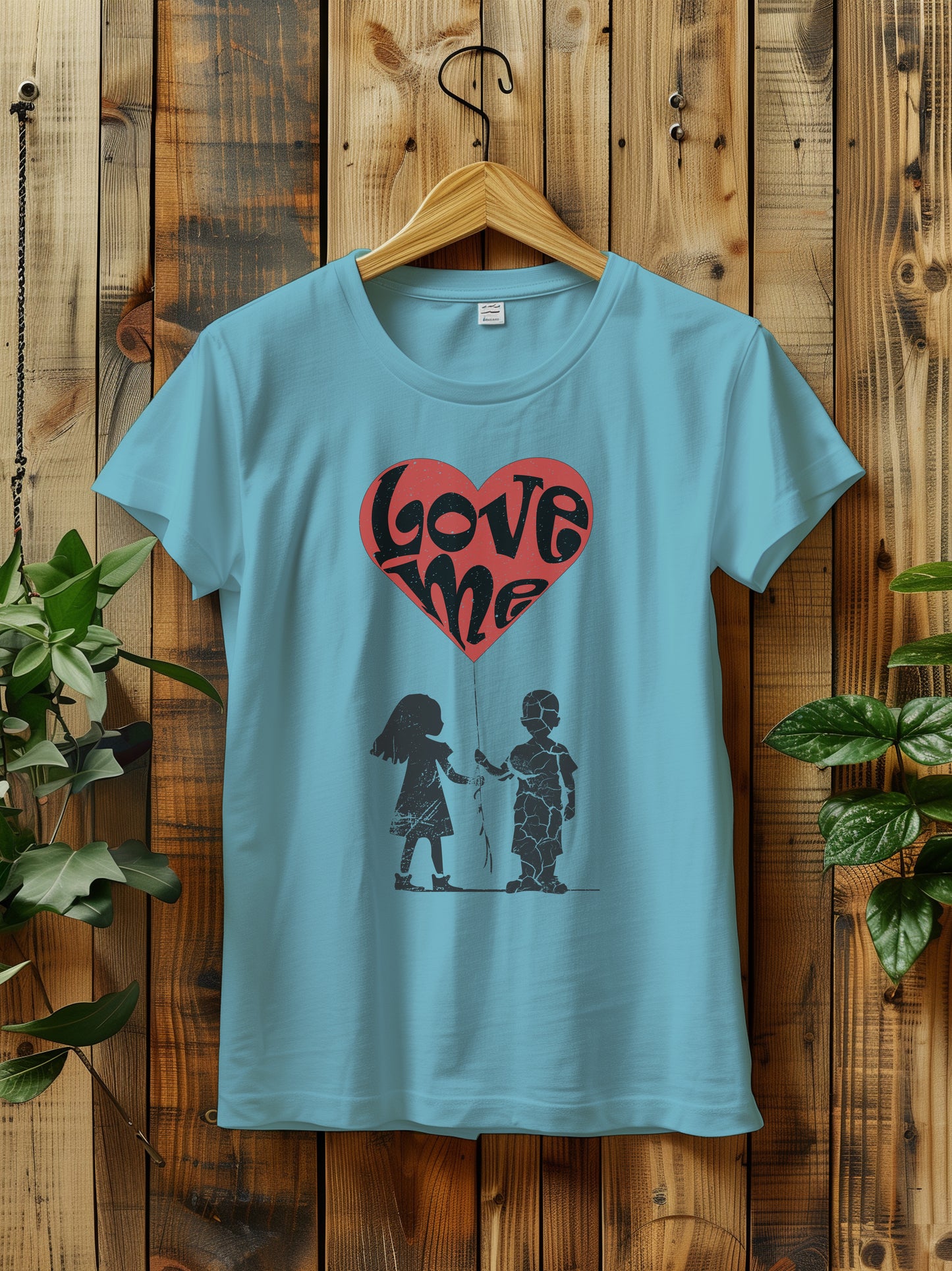 t-shirt hanging on a wooden hanger features a large red heart balloon with love me text, being held by both a a girl and boy