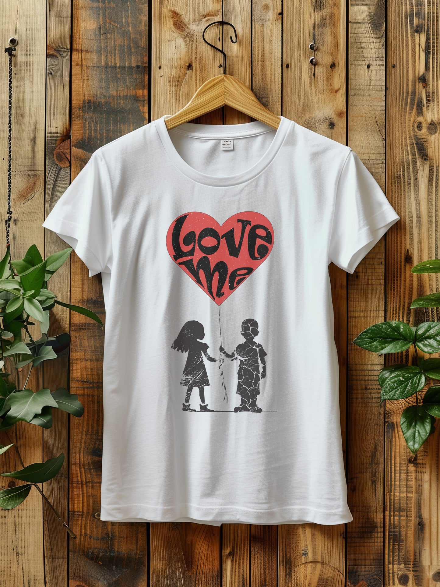 t-shirt hanging on a wooden hanger features a large red heart balloon with love me text, being held by both a a girl and boy