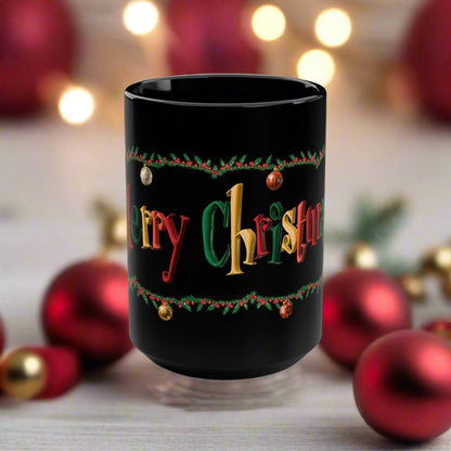 Merry Christmas Black Mug, Cozy Holiday Drinkware, Gifts for Christmas, Festive Coffee Cup, Unique Holiday Decor