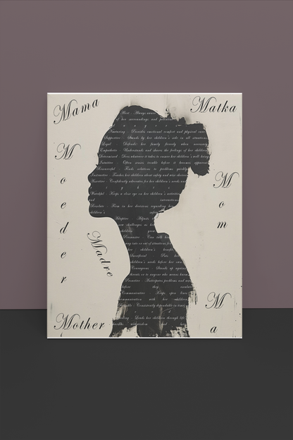 Silhouette of a person overlaid with text variations of &#39;Mother&#39; in different scripts against a cream background.