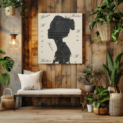 A canvas print Silhouette of a person overlaid with text variations of Mother in different scripts hanging on a wooden wall plank background.