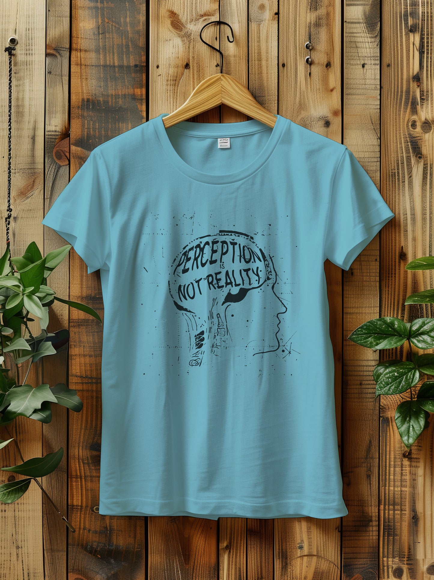 t-shirt featuring a graphic with the phrase "Perception is Not Reality" and a sketch of a head, hanging on a rustic wooden wall. The background includes green plants adding a natural touch to the scene.