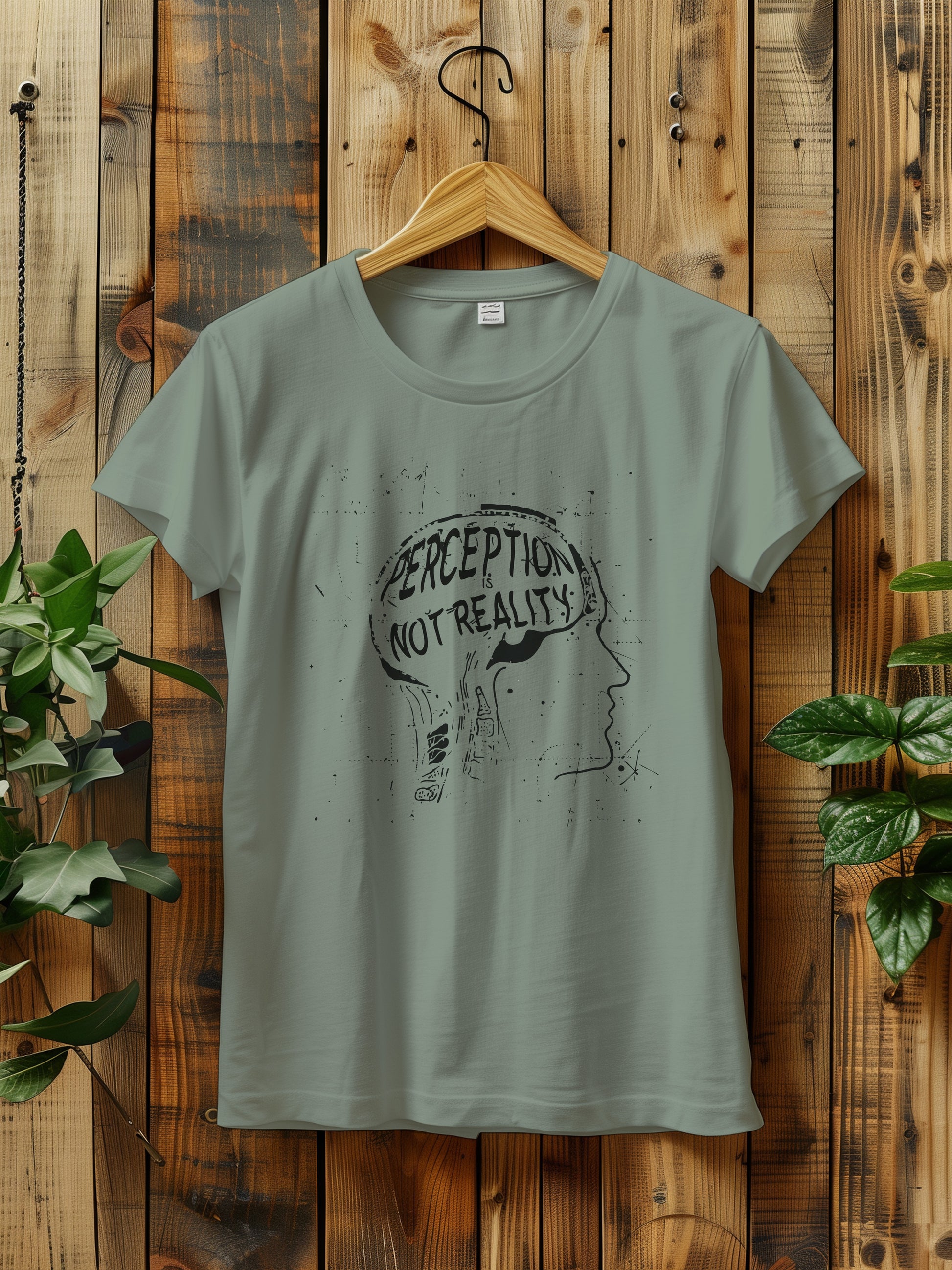 t-shirt featuring a graphic with the phrase "Perception is Not Reality" and a sketch of a head, hanging on a rustic wooden wall. The background includes green plants adding a natural touch to the scene.