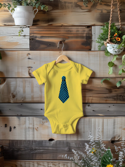 a baby bodysuit with a blue tie on it