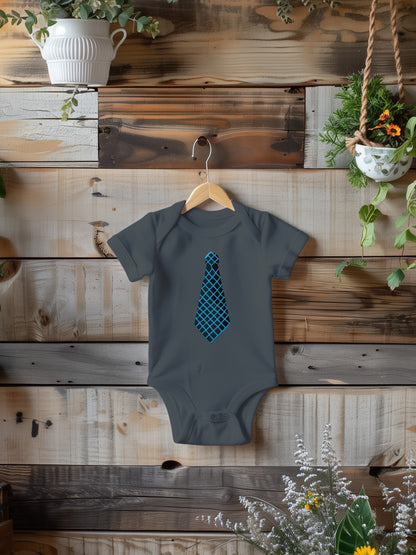 a baby bodysuit with a blue tie on it