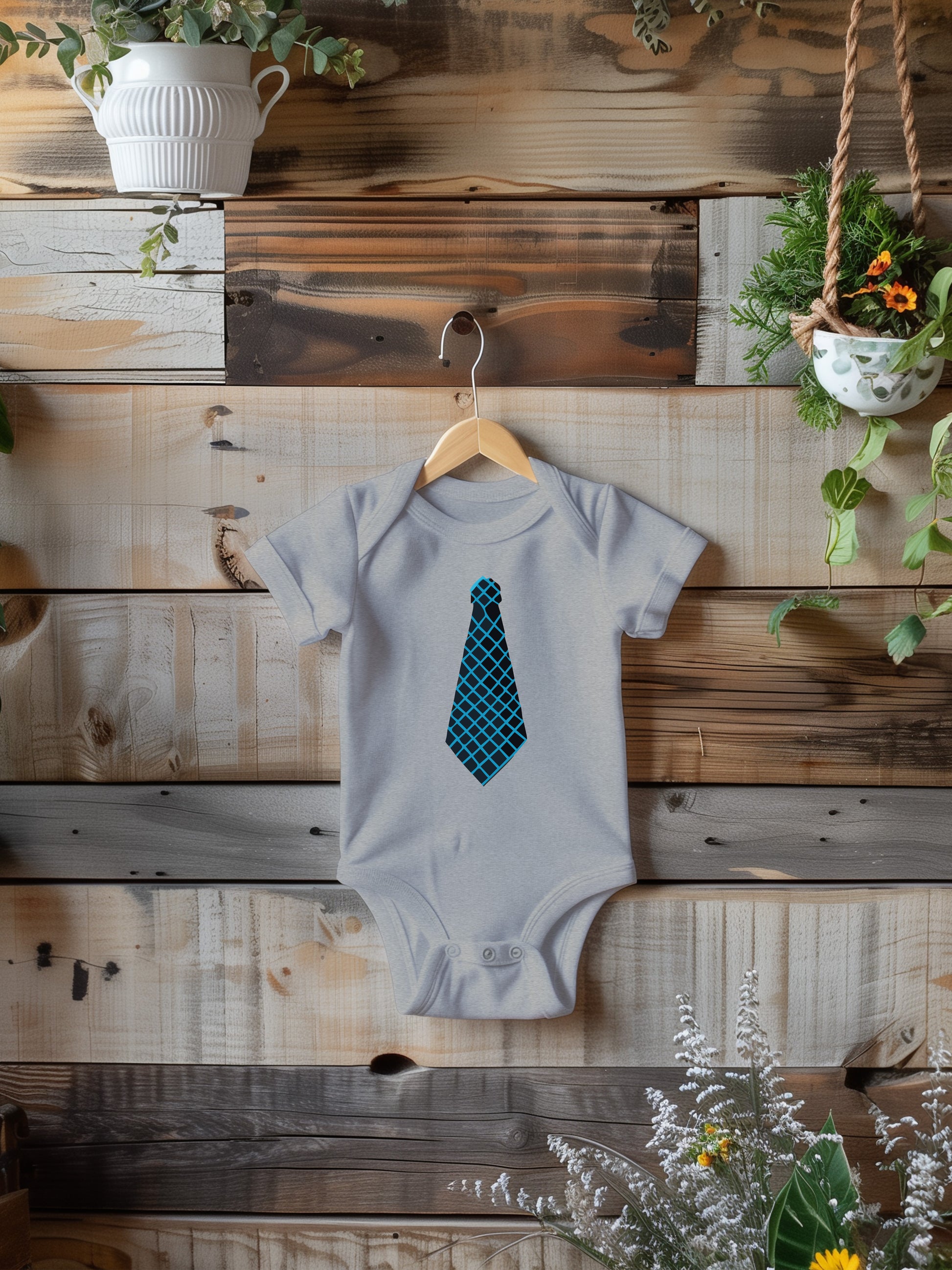 a baby bodysuit with a blue tie on it