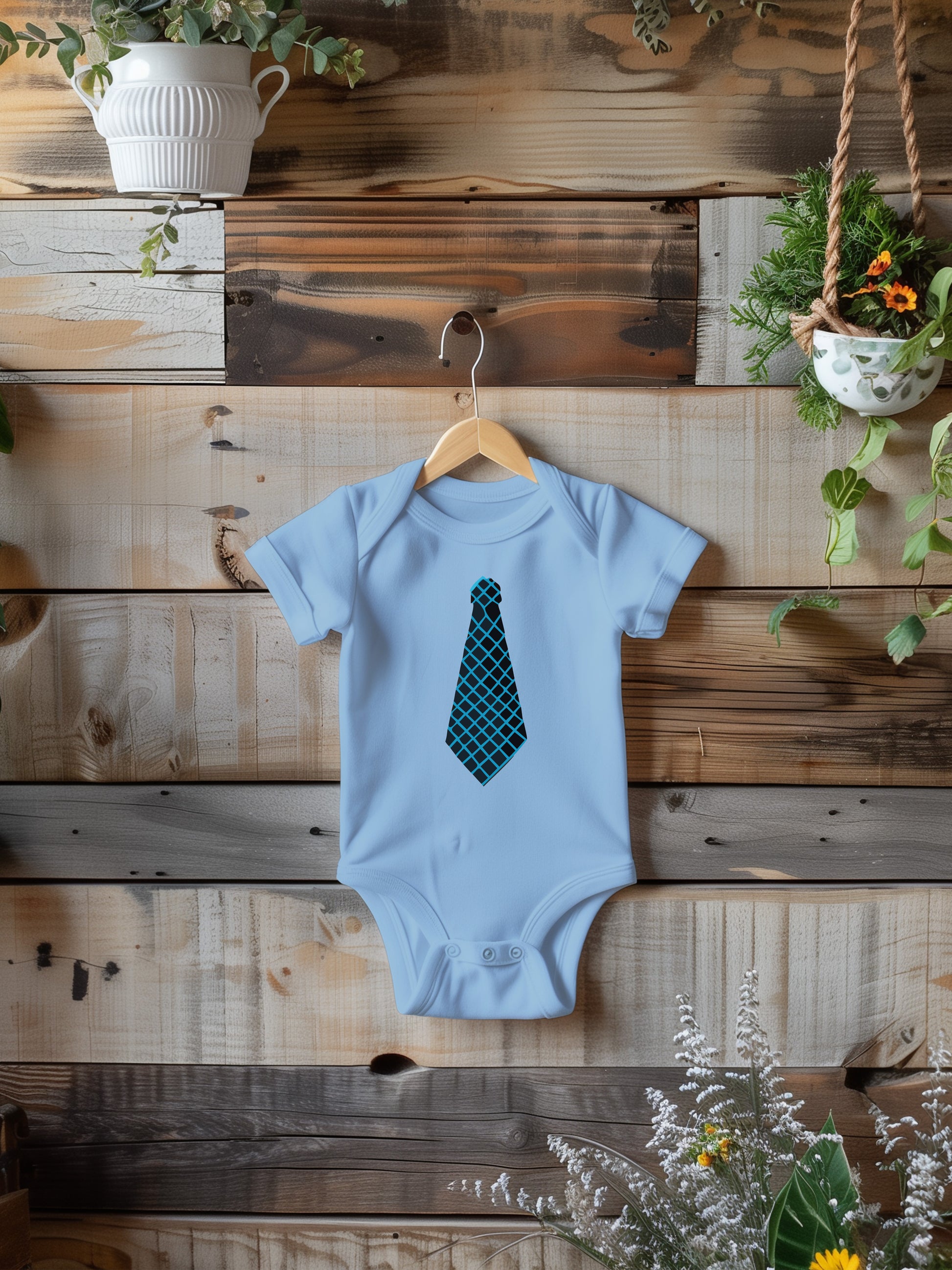 a baby bodysuit with a blue tie on it