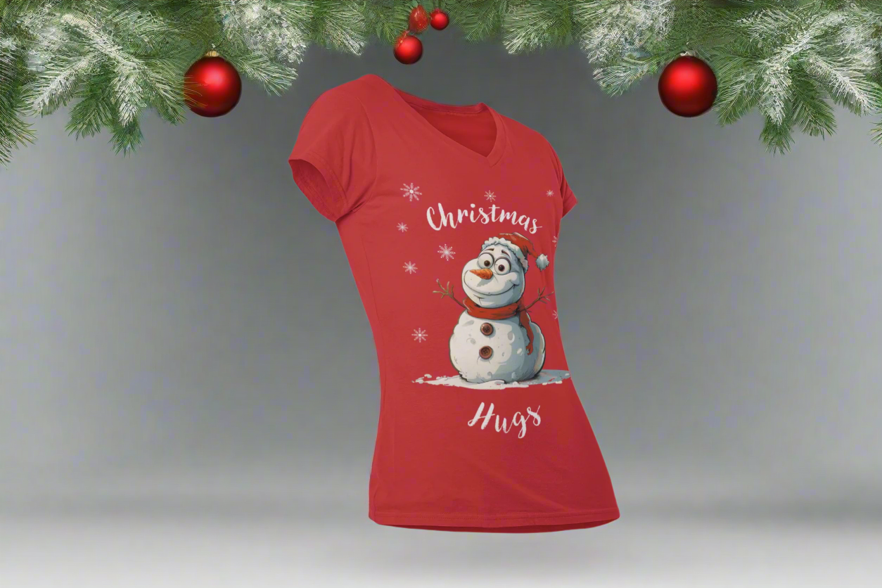 Festive Christmas V-Neck T-Shirt, Holiday Apparel, Winter Gift, Snowman Shirt, Cozy Christmas Outfit