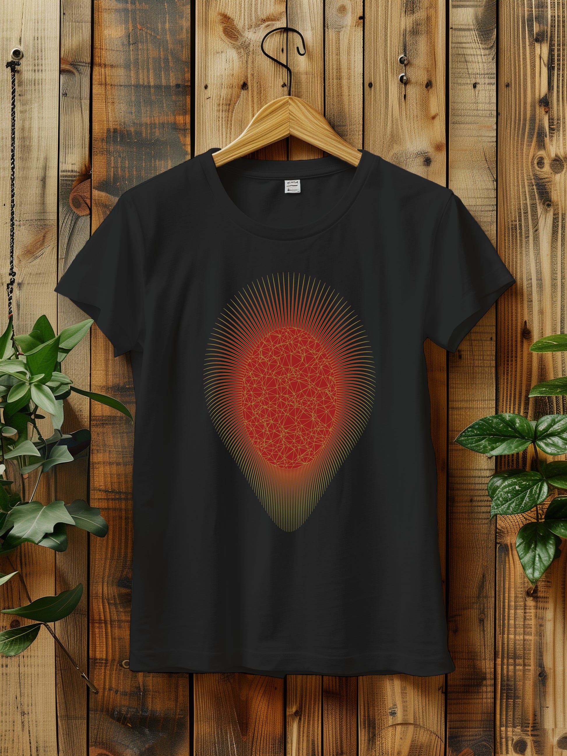 a t - shirt with a red and gold sunburst hanging on a wooden wall next to a plant