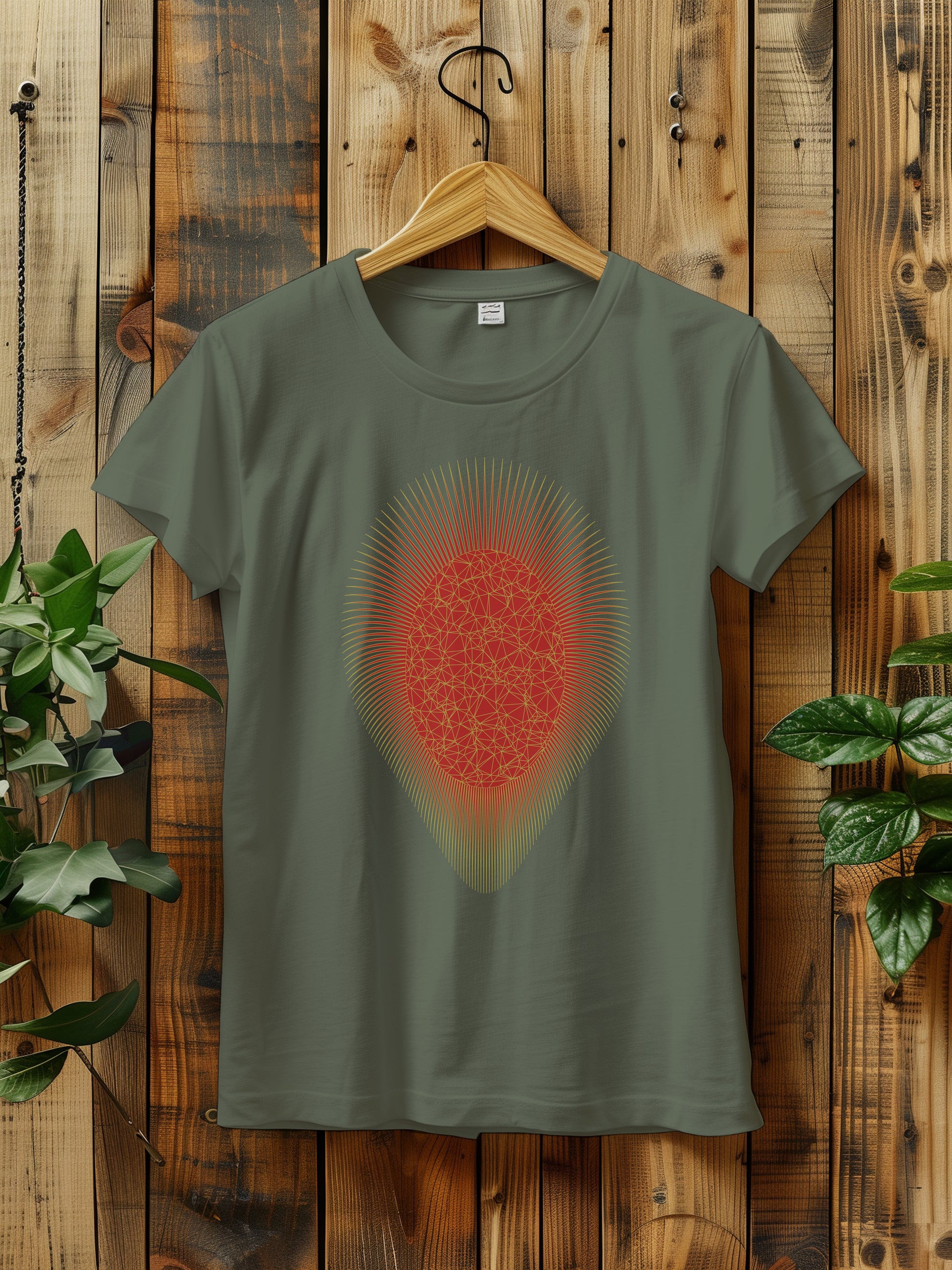 a t - shirt with a red and gold sunburst hanging on a wooden wall next to a plant