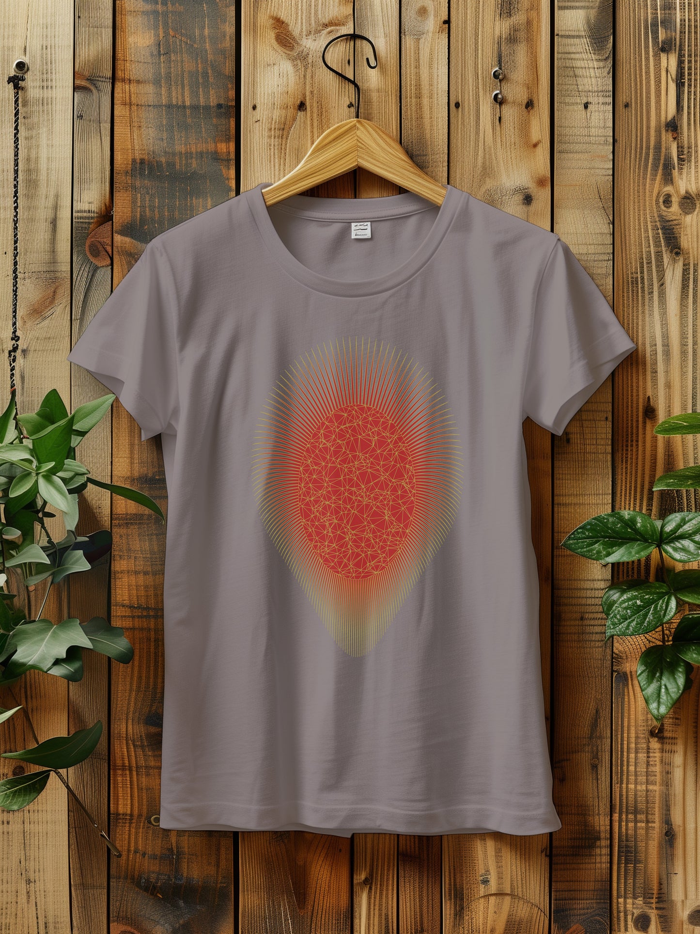 a t - shirt with a red and gold sunburst hanging on a wooden wall next to a plant