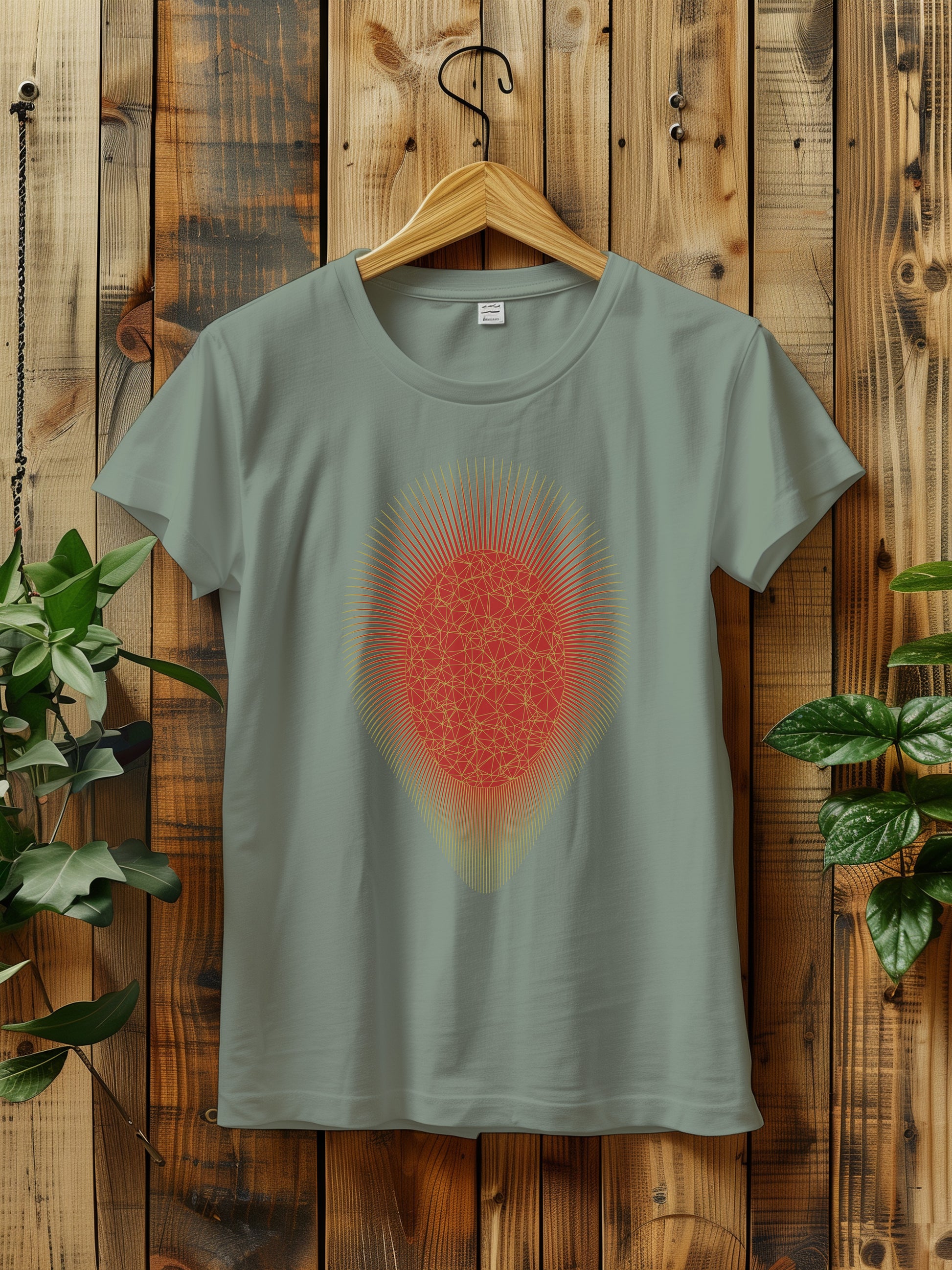 a t - shirt with a red and gold sunburst hanging on a wooden wall next to a plant